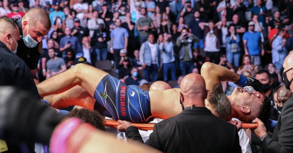 The UFC fighter suffered a terrifying break in one of the fastest knockouts of the year and left the appraiser on a stretcher