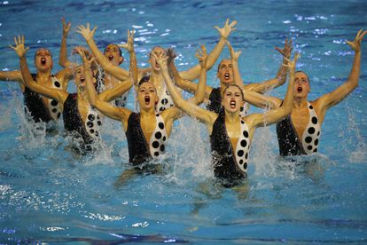 The Spanish technical swimming team during their free pre-Olympic routine at the Sant Jordi pool in Barcelona.