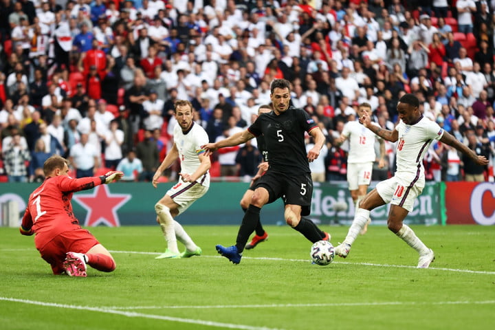 Raheem Sterling scores England's first goal against Germany.