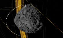 Computer image provided by NASA's Goddard Space Flight Center showing a simulation of the trajectory of asteroid Bennu.