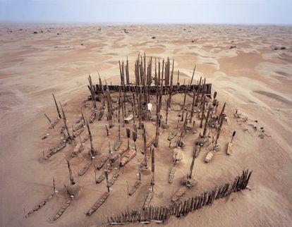 Aerial view of Xiaohe Cemetery, in the Taklamakan Desert (China).