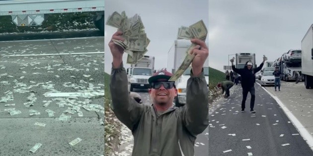 Money rain!  An armored truck flipping cash in the middle of the highway (video)